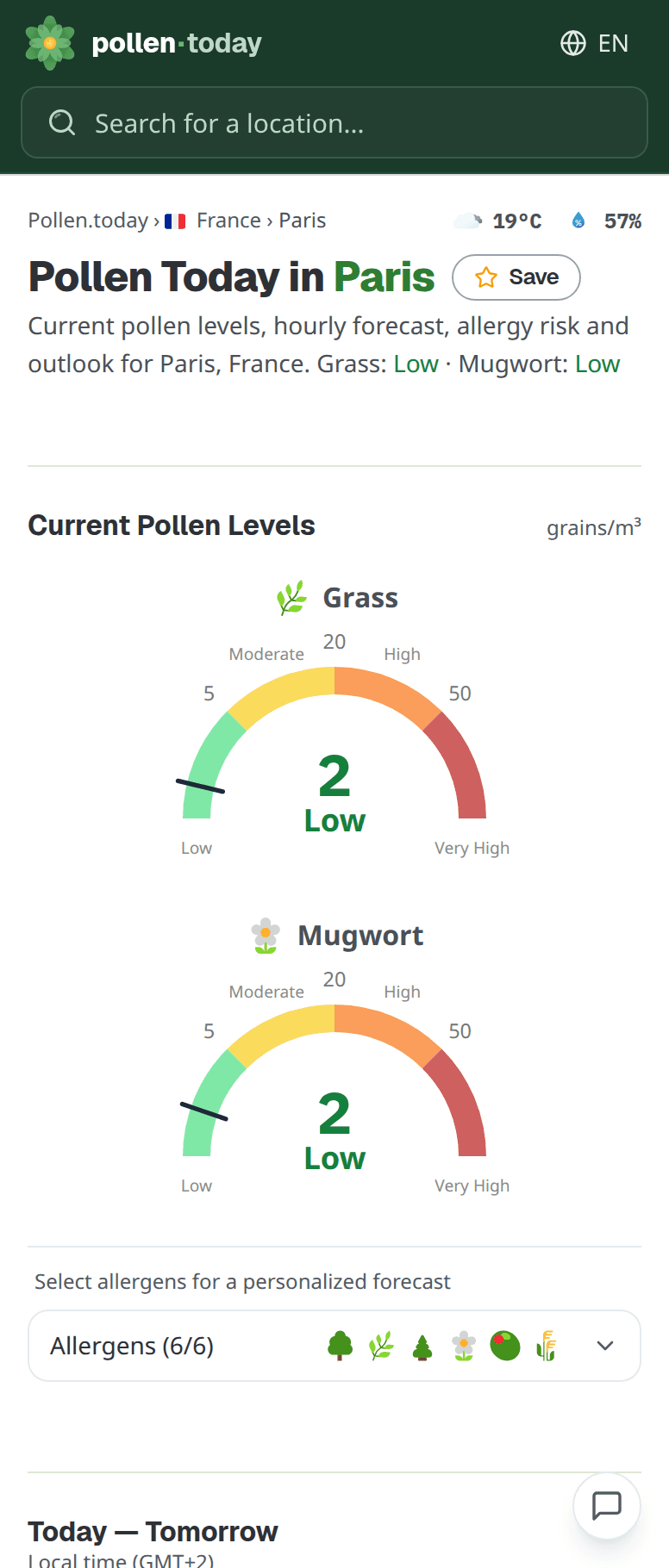 Pollen Today app screenshot — current grass and mugwort pollen levels in Paris